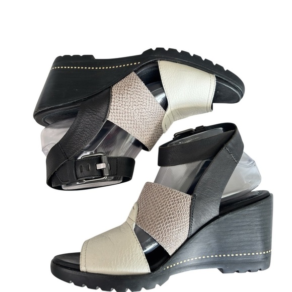 Sorel After Hours Sandal Comfy Strappy Wedge in Black White Grey Leather Size 9 - Picture 3 of 14